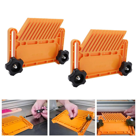 Heavy Duty Woodworking Featherboard Anti Kickback Workpiece Holder For Table Saw Plus Router Table With Rock Solid Threaded Knobs and Quick Slot Bracket Mount, orange ABS nylon construction, shown in detail.