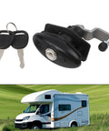 Rugged Heavy Duty Tubular Cam Lock For RV Cabinets And Toolboxes, Zinc Alloy Lock with 2 keys, black finish, shown next to RV