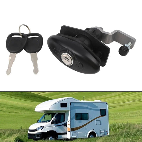 Rugged Heavy Duty Tubular Cam Lock For RV Cabinets And Toolboxes, Zinc Alloy Lock with 2 keys, black finish, shown next to RV