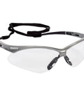 Nemesis Safety Glasses With Clear Anti Fog Lenses And Silver Frame Sporty Lightweight Design For All Day Comfort Great For Hot To Cold Conditions Work Site Ready Eye Protection 12 Pairs Per Case, front view showing nose pads.