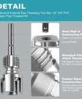 Two Piece PVC Pipe Threader Tool Set With One Half Inch And Three Quarter Inch Heads For Pipes Internal And External Threading Electric Drill Compatible Carbon Steel With Protective Coating For DIY Home Plumbing, showing close-up of threading heads and steel construction details.