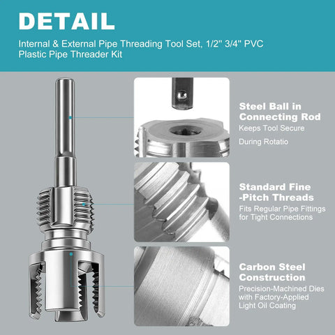 Two Piece PVC Pipe Threader Tool Set With One Half Inch And Three Quarter Inch Heads For Pipes Internal And External Threading Electric Drill Compatible Carbon Steel With Protective Coating For DIY Home Plumbing, showing close-up of threading heads and steel construction details.