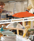 Woodworker using a dust collection system in a workshop, featuring hoses and safety gear, suitable for workshops and studios.