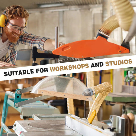 Woodworker using a dust collection system in a workshop, featuring hoses and safety gear, suitable for workshops and studios.