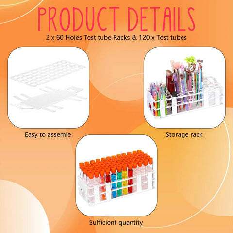 120 Pcs Plastic Test Tubes With Rack 16 By 100Mm Tubes With Caps 60 Hole Rack All In One for storage and decoration