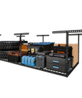 Overhead Garage Storage Rack 4x8 Ceiling Mount Beefy Heavy Duty Metal Rack With 750 Lbs Capacity loaded with storage boxes and tires