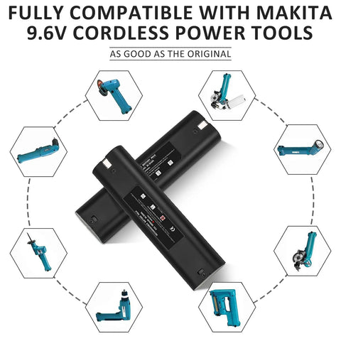 2 Pack Beefed Up 3600mAh NiMH Replacement Battery Pack For 9.6V Tools with tool compatibility icons