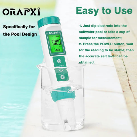 Saltwater Pool Tester Pro, Quick and Accurate Salinity Meter for Pools, Reads 0 to 9000 PPM, Great for Salt Chlorinator Systems, Helps Maintain Safe 2400 to 4500 PPM Range, User Friendly Digital Readout, handheld digital tester in beaker