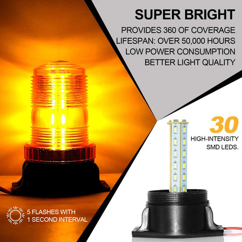 30 Led Amber Forklift Strobe Light 30W Heavy Duty Vehicle Safety Beacon showing bright amber light with high-intensity SMD LEDs.