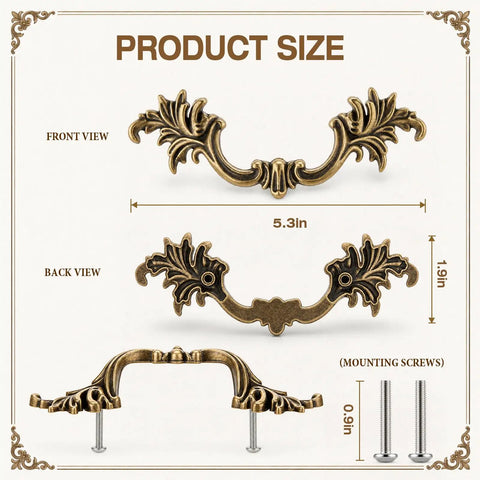 Product size image of 10 Pack Vintage Cabinet Pulls in Antique Brass Finish With 2.5 Inch Center Hole, front and back views shown.