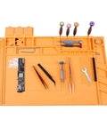 Pro Grade Heat Resistant Silicone Soldering Mat Withstands 932 Degrees Fahrenheit with tools arranged on surface