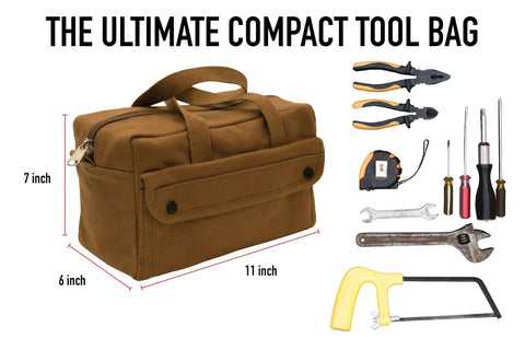 Heavy Duty Mechanic Tool Bag With Zip Main Compartment 8 Interior Pockets And 2 Exterior Snap Pockets Rugged Black Gear Organizer For Tools And Equipment Built To Last, shown with various tools and dimensions.