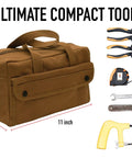 Rugged Heavy Duty Mechanic Tool Bag For Ultimate Gear Organization With Eight Interior Tool Pockets And Two Exterior Snap Pockets Olive Drab Canvas For Contractors And DIY Enthusiasts, size 11x7x6 inches with tools displayed.