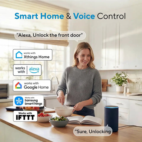 Woman using voice control for Ubolt Dope WiFi Smart Lock With Door Sensor And Built In Keypad Deadbolt For Front Door
