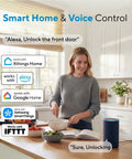 Woman using Smart Door Lock U-Bolt With WiFi Bridge 5-In-1 Keyless Entry Lock Bluetooth Keypad Front Door with voice control