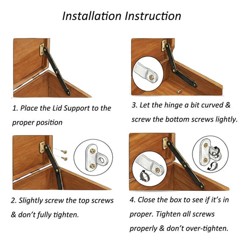 Installation guide for Heavy Duty Brass Plated Lid Stay Hinges showing step-by-step instructions for proper setup.