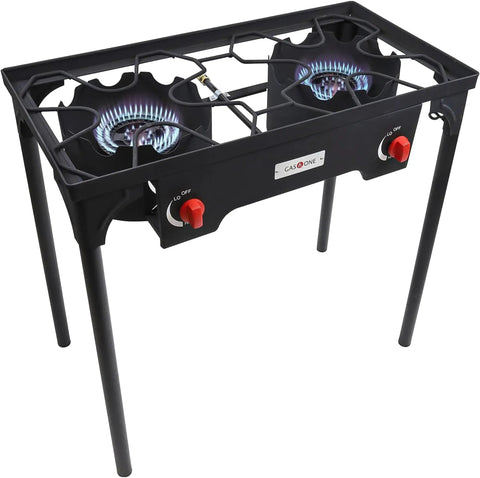Propane Double Burner Camp Stove For Outdoor Cooking With Two Burners High Heat Adjustable PSI Regulator Four Foot Hose