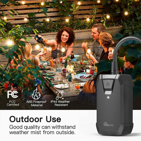 Outdoor Smart Dimmer Plug With Alexa And Google Home Control Easy App Remote Dim Lights Up To 400W Incandescent Or 150W LED CFL IP44 Weatherproof For Dimmable Outdoor Lights Floor And Table Lamps No Fuss Setup with festive outdoor gathering, highlighting plug.