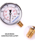 Front view of MeasureMan pressure gauge, 2.5-inch dial, brass 1/4 NPT thread, glycerin-filled.