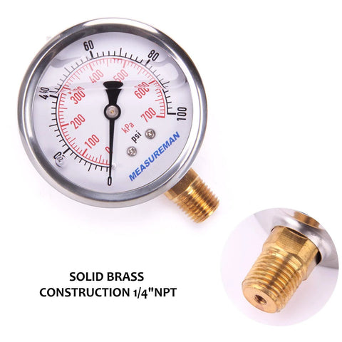 Front view of MeasureMan pressure gauge, 2.5-inch dial, brass 1/4 NPT thread, glycerin-filled.