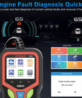 All In One OBD2 Scanner Diagnostic Tool For Cars And Trucks showing interface and vehicle speed on screen.