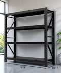 Four Tier Heavy Duty Steel Storage Shelves Hella Tough Rack For Warehouse Or Shop With 2600 Lb Capacity Per Shelf And Fully Adjustable Levels In Matte Black, showing dimensions W79 D23.7 H75.