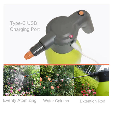 Electric Spray Bottle Half Gallon Plant Mister With Adjustable Nozzles Battery Powered Sprayer showing USB port and spraying modes