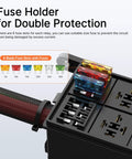 Close-up of 6 Way 12V Relay Box with colorful fuse slots and pre-wired panel showing fuse block for cars, trucks, and RVs.