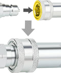 3/8-inch chrome hydraulic quick-connect coupler with dust cap; separated fittings above, assembled unit below