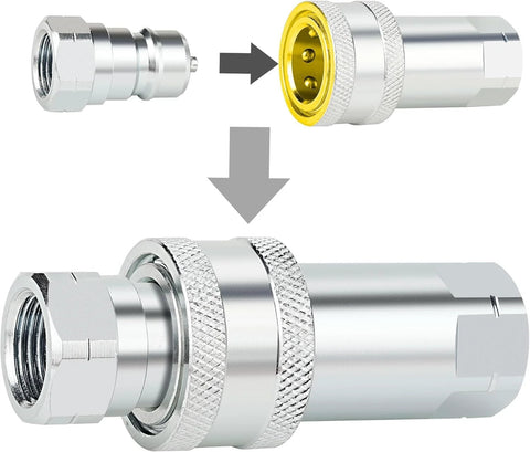 3/8-inch chrome hydraulic quick-connect coupler with dust cap; separated fittings above, assembled unit below