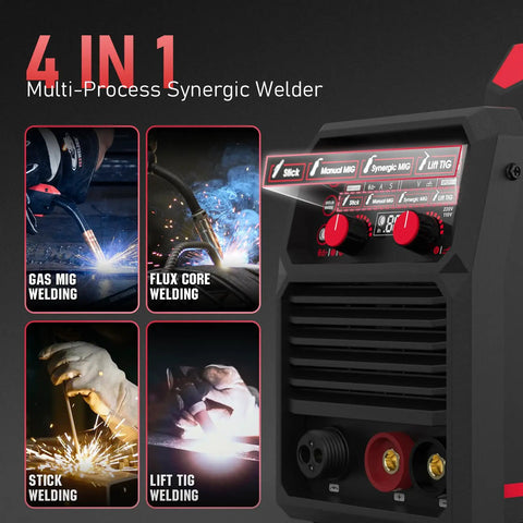 Hot Shot 140A Multi Process Welder For Pros: 110V 220V Gasless Flux Mig Lift Tig Stick Fusion Maker control panel with welding options.