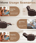 Cozy Leather 360 Degree Swivel Rocker Recliner With Massage used for reading, watching TV, and napping in various scenes.