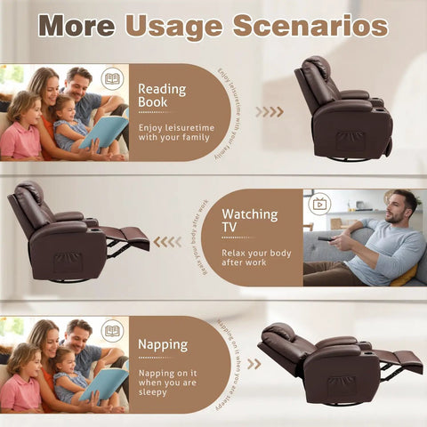 Cozy Leather 360 Degree Swivel Rocker Recliner With Massage used for reading, watching TV, and napping in various scenes.