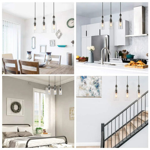 Three Light Wooden Pendant Light With Height Adjustable Clear Bottle Glass Shades over kitchen and dining areas