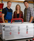 Heavy-Duty Toggle Latch Set For Cabinets And Doors on a silver toolbox with red handle, shown in workshop setting
