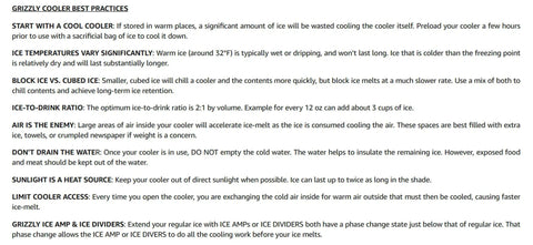 Grizzly Cooler Best Practices guidelines featuring tips on ice retention and effective cooler use for Heavy Duty 100 Qt Hard Side Cooler With Two Inch Foam Core Keeps Gear Ice Cold Through Any Adventure Made In Usa And Built Tough For Beach Camping Trips.
