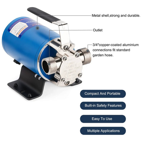12V Portable Electric Water Transfer Pump With On Off Switch And Suction Hose Kit For Fast No Drama Water Moves In Boats, RVs And Farms, 330 GPH Flow, Three Quarter Inch Ports, 6 Ft Suction, 40 Ft Head, Low Suction Function featuring metal shell and aluminum connections