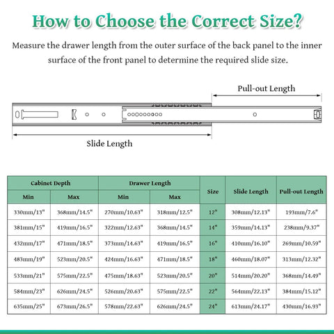 Heavy Duty 14 Inch Drawer Slides Set size chart shows slide length and pull-out length for cabinet drawers