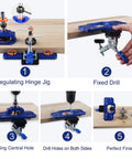 Professional Grade Concealed Hinge Jig With Secure Clamp And Adjustable Marking Scale For Accurate 35 mm Woodworking showing adjustable drilling process.