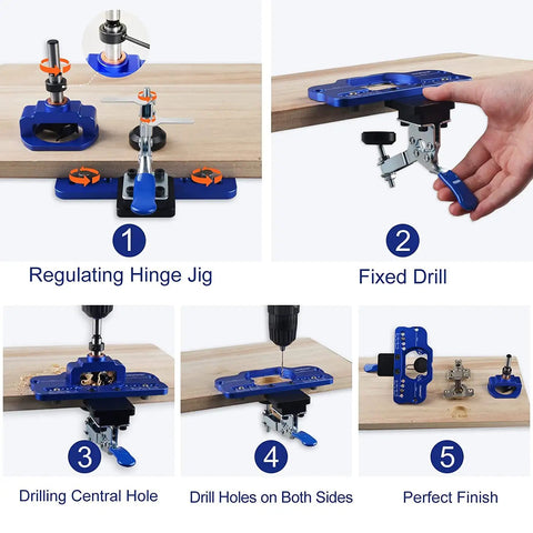 Professional Grade Concealed Hinge Jig With Secure Clamp And Adjustable Marking Scale For Accurate 35 mm Woodworking showing adjustable drilling process.