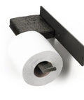 Pretty Tough Wall Mount Toilet Paper Holder With Rustic Charcoal Wood Shelf, Heavy Duty Steel Bathroom Roll Rack, No Sweat Setup, total view of paper roll and shelf detail.