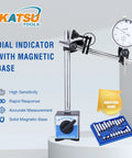 KATSU Tools dial indicator with magnetic base on stand; 22-piece indicator points set in blue storage case.