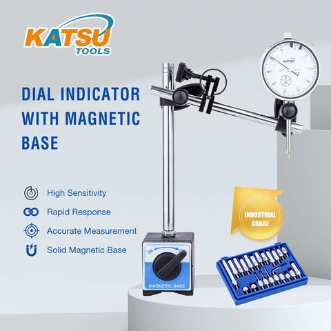 KATSU Tools dial indicator with magnetic base on stand; 22-piece indicator points set in blue storage case.