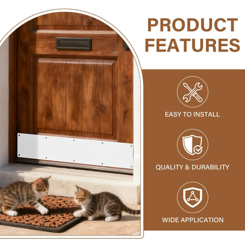 Heavy Duty Aluminum Kick Plate Door Scratch Guard 6 X 28 Inches Gloss White Finish with cats near a wooden door.