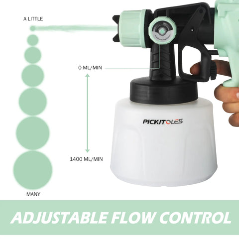 Heavy Duty 1000W HVLP Paint Sprayer Packed With Six Swap Out Tips For Smooth Variable Finishes Quick Rinse Cleanup In 47 Oz Removable Cup Ideal For Gritty Diy Jobs And Room Refreshers Slick Avocado Green showing adjustable flow control.