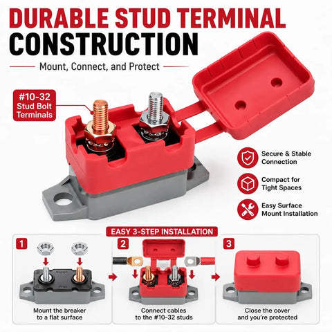 Image of 4 Pack 30amp Automatic Reset Circuit Breaker With Cover DC 12V To 24V showing durable stud terminal construction with red cover.