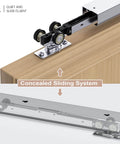 Six Foot Soft Close Pocket Door Hardware Kit With Aluminum Box Rail, Concealed Track, shown on wooden door