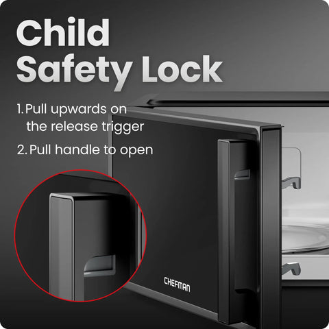 No Sweat Compact Countertop Microwave Oven 0.7 Cubic Foot 700 Watts features child safety lock and release trigger mechanism.