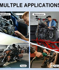 Collage showing motorcycle modification, maintenance, travel, and fueling, supporting multiple applications for motorbike accessories.