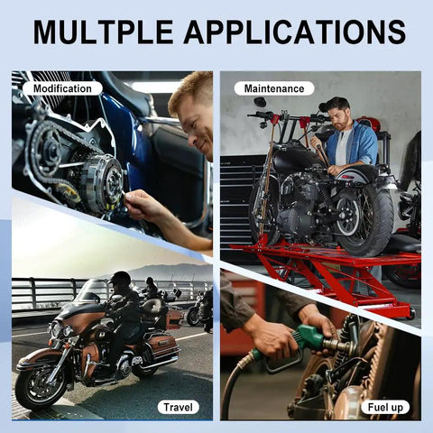 Collage showing motorcycle modification, maintenance, travel, and fueling, supporting multiple applications for motorbike accessories.